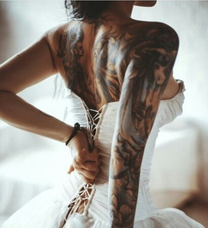 tattoo, wedding dress and girl