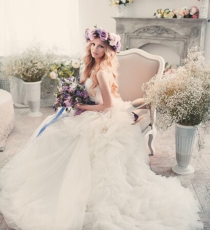 wedding dress, romantic and flowers