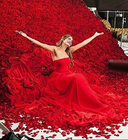 red, long dresse and flowers