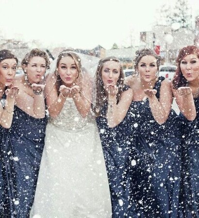 snow, bridemaids and purple