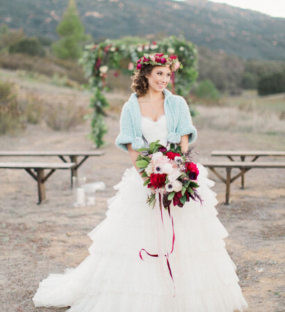 flower crown, shawl and gown