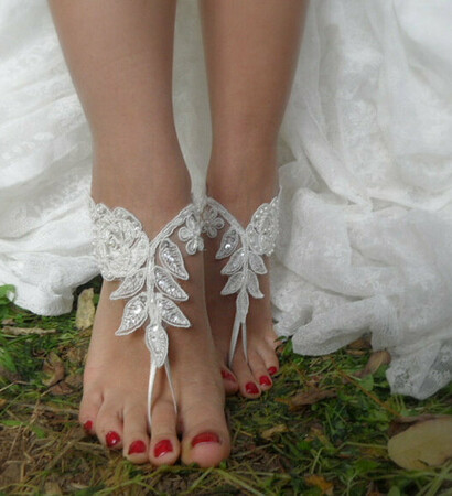 beach wedding, barefoot sandals and ivory lace shoes