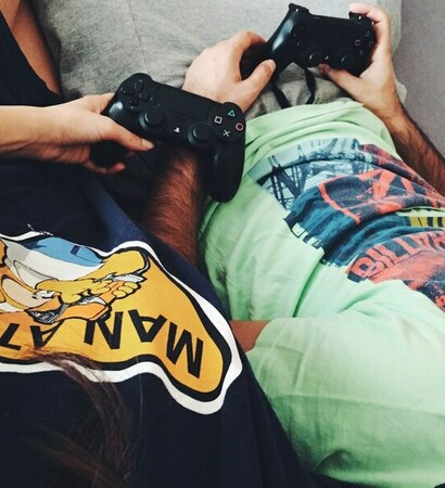 love, couple and play station