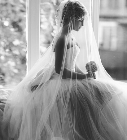 dress, bride and black and white photography