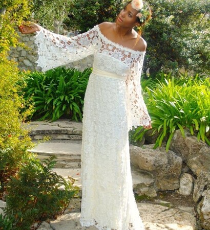 bell sleeves, wedding dress and down to earth