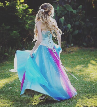 colorful dress, wedding dress and long hair