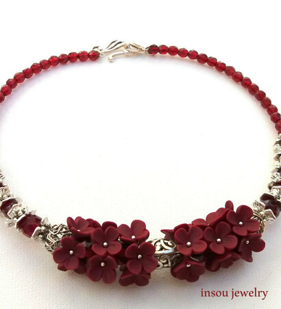 burgundy jewelry, burgundy necklace and flower necklace