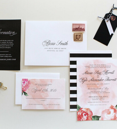 watercolor floral, weddings and script invitation