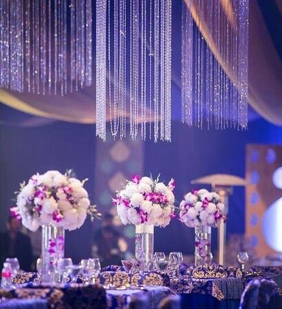wedding center piece, purple and crystals