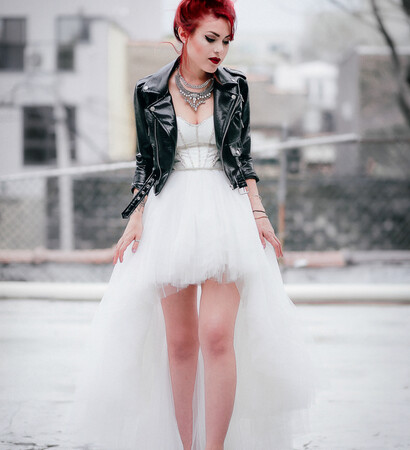 leather jacket, hills shoes and red hair