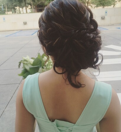 hairstyle, flowers and bridesmaids
