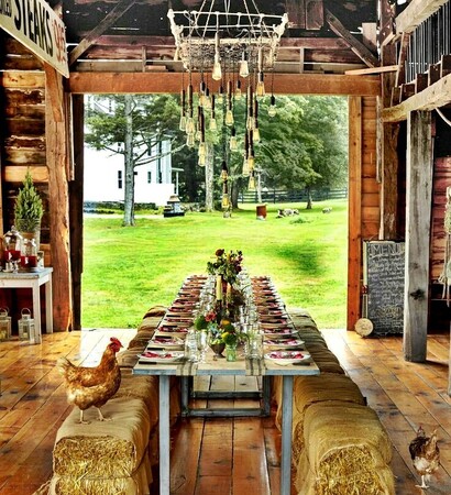 country wedding, hay bales and table