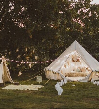 tent, outside and fairy lights