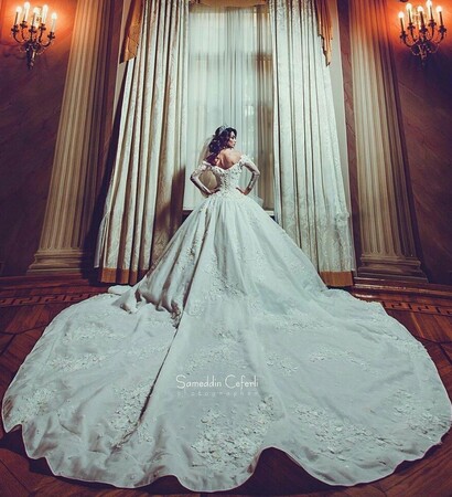 bride, wedding dress and long dress