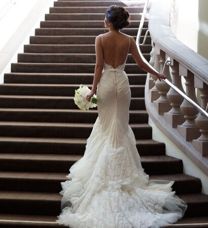 wedding dress, bride and stairs