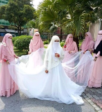 hijab, wedding dress and muslim bride