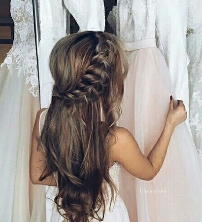 braids, wedding dress and brunette