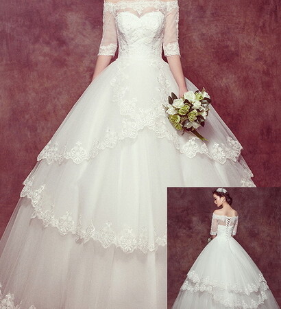 half length sleeves, ball gown and tiered skirt