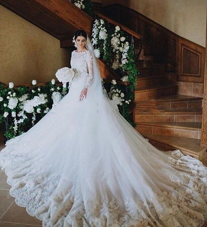 with long sleeves, illusion bateau neckline and illusion bodice