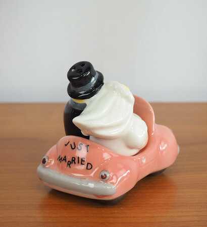 salt and pepper, bride and groom car and etsy