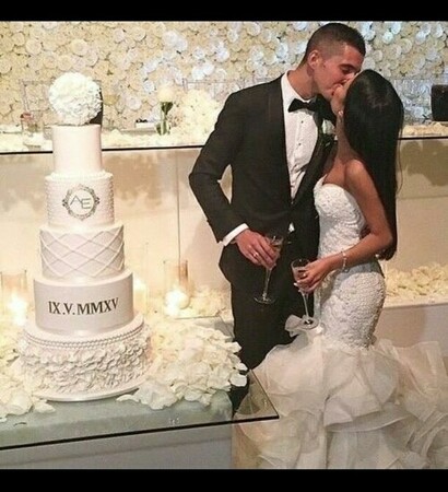 couple, white dress and wedding cake