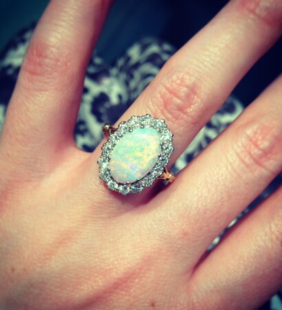 engagement ring, white opal and gold