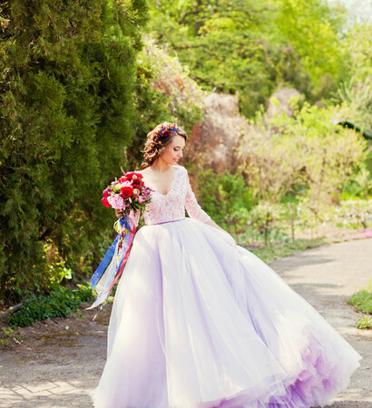 bride, gown and purple