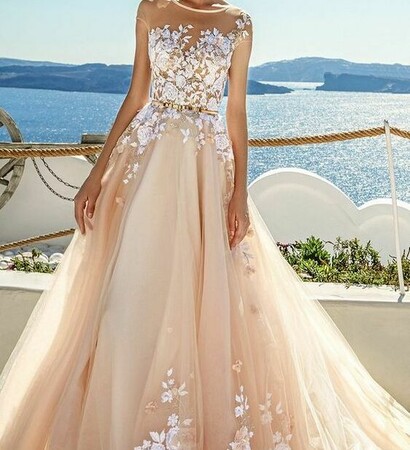 glamorous, wedding dress and peach