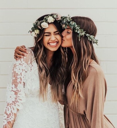 kiss, bride and friends