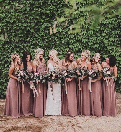 bridesmaids, bride and flowers
