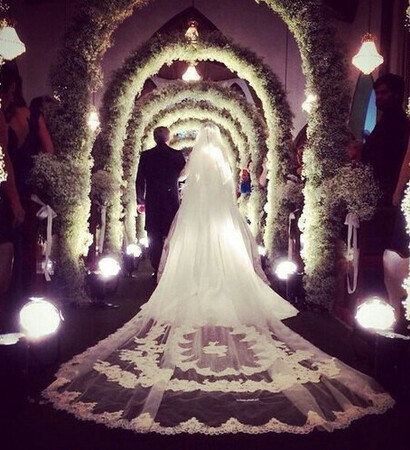 long veil, love and wedding gown