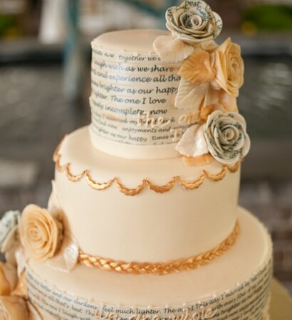 a mazing, writing and wedding cake
