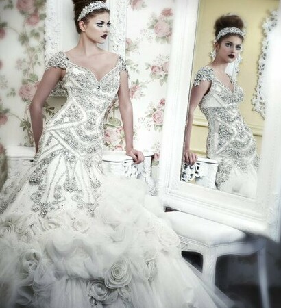 v neck, wedding dress and fashion