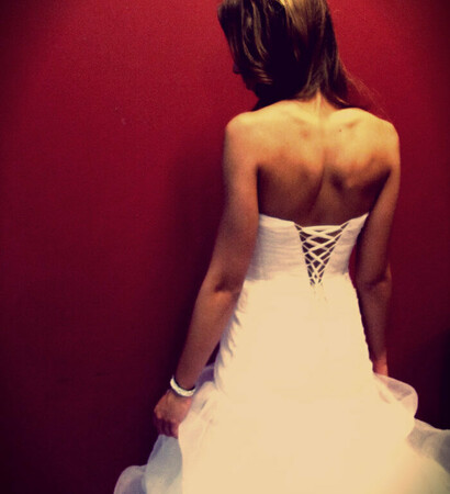 wedding dress, brown hair and elegance