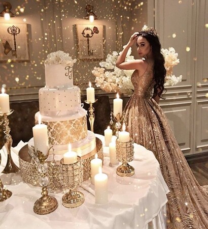 gold, bride and cake