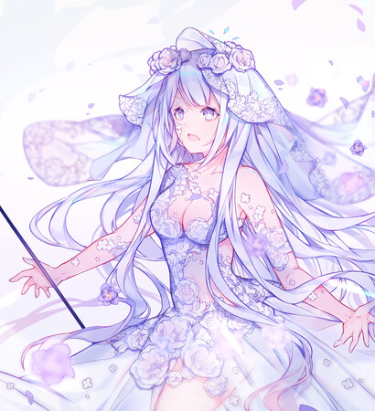 anime girl, white roses and wedding dress