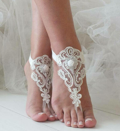 anklet foot, ivory lace sandals and wedding dresses
