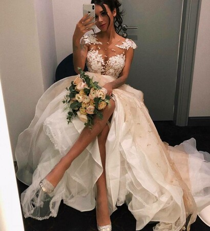 bride, white dress and bouquet