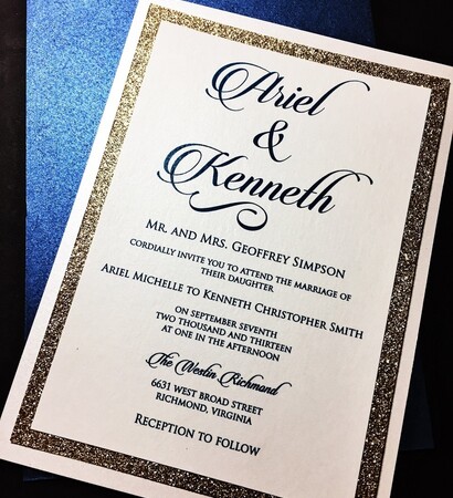 invitations, glitter invitations and navy and gold