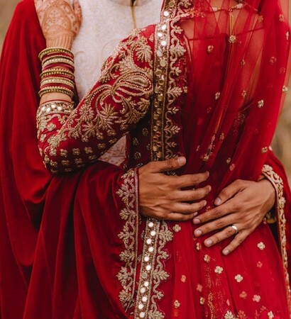 white, attire and red