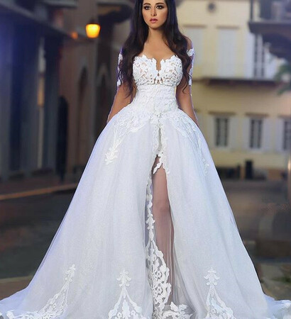 appliqués, bridal gown and long sleeves