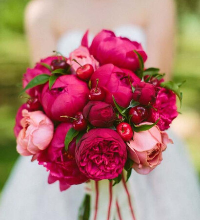 wedding bouquet, cherries and peonies