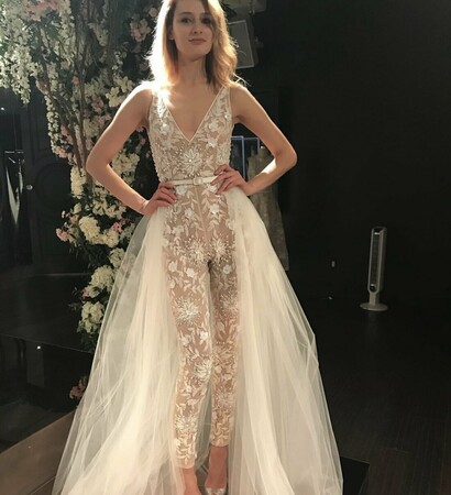 jumpsuit, bride and wedding dress