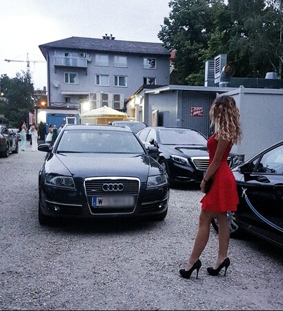 audi, red dress and blonde