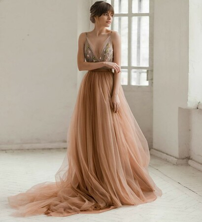 bride, champagne wedding dress and colorful wedding dress