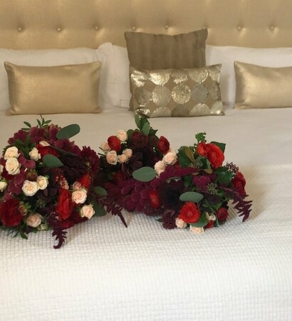 bridesmaids, red and rose