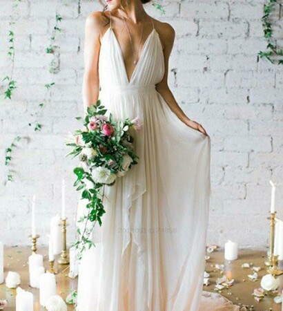 v-neck wedding dress, simple wedding dress and ivory wedding dress