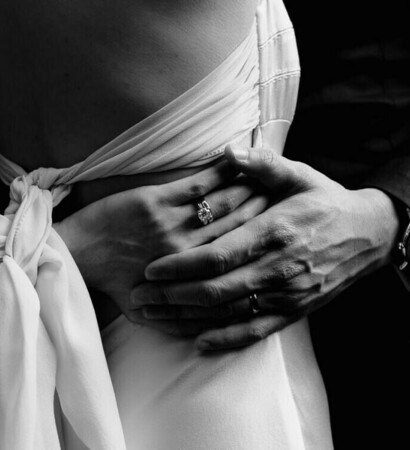 wedding dress, couple and hands