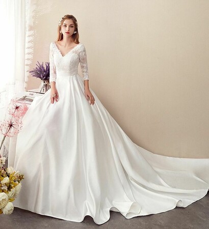 bride, satin wedding dress and lace