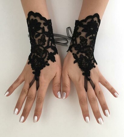bridal gloves, black lace gloves and prom dress